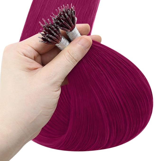 YoungSee Nano Ring Hair Extensions Magenta Nano Human Hair Extensions Burgundy Nanobead Hair Extension Human Hair Colorful Nano Hair-Extension Colored for Role Playing 25s 25g 20inch