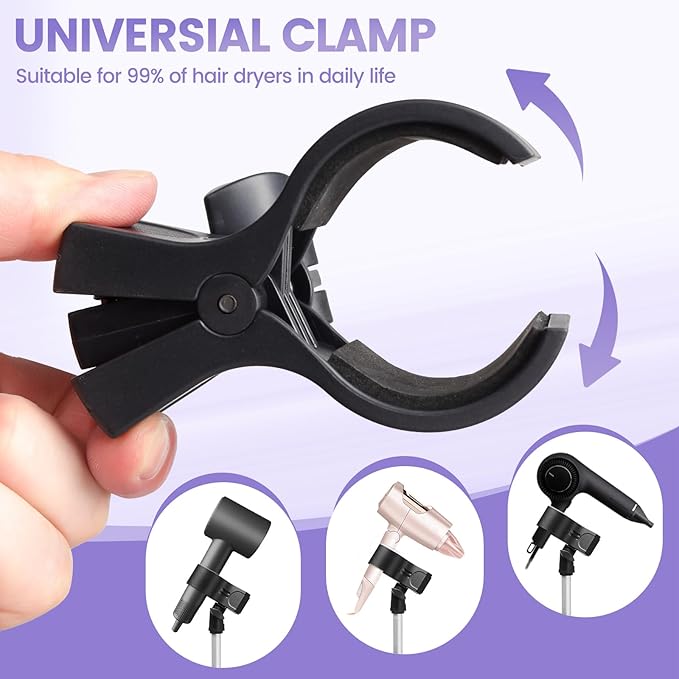 Adjustable Hair Dryer Stand, 29-59 Inch Hair Dryer Holder with Tripod and Universal Clip, 360-Degree Rotating Blow Dryer Stand for Bathroom, Vanity, Makeup Room
