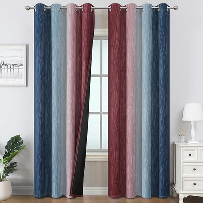 Burgundy Red and Navy Blue Ombre Blackout Curtains 84 Inches Long by ESTELARTEXTILER