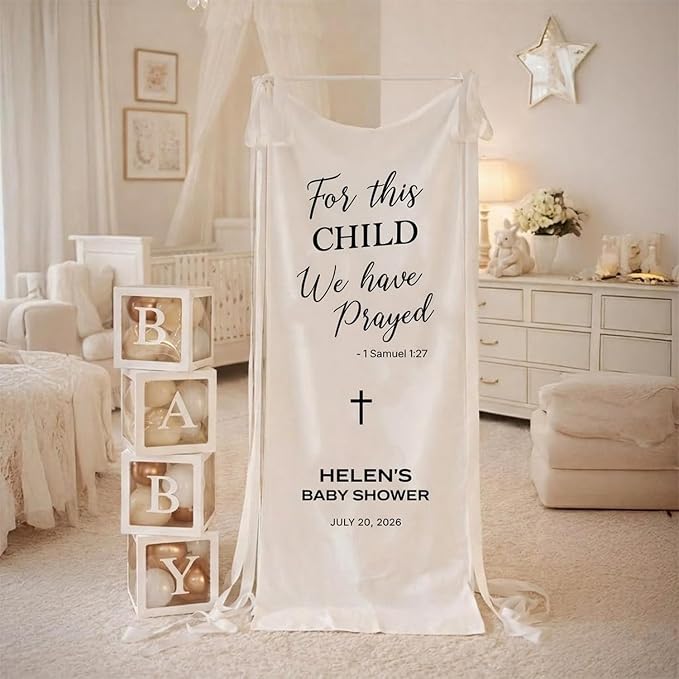 Personalized Christian Baby Shower Fabric Sign Hello Baby Linen Backdrop | - Image 3