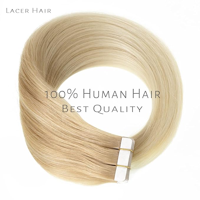 Lacer Glue in Hair Extensions 20 Pieces 50 Grams Human Hair Tape in Extensions Balayage Light Ash Blonde to Platinum Blonde B#13/60 18 Inch