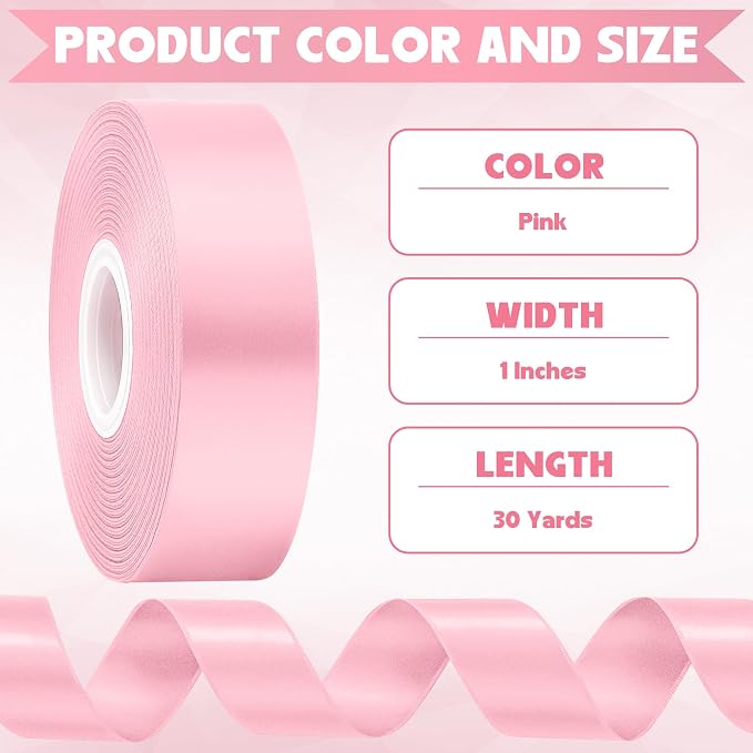 1In 30Yards Pink Satin Ribbon for Flower Bouquet Baby Shower Mother's Day | - Image 2