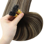 YoungSee Nano Hair Extensions Real Human Hair Balayage Dark Brown with Ash Blonde Human Hair Nano Extensions for Women Pre Bonded Nano Brown Hair Extension Straight Cold Fusion 16inch 50g/50s