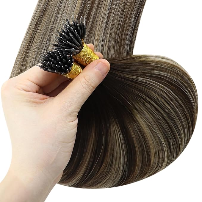 YoungSee Nano Hair Extensions Real Human Hair Balayage Dark Brown with Ash Blonde Nano Ring Hair Extensions Brown Cold Fusion Bead Hair Extension Human Hair Straight Add Length 20inch 1g/s 50g