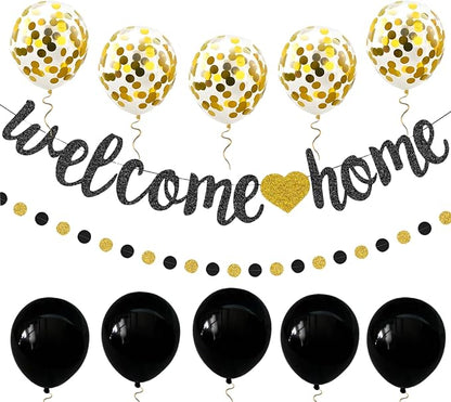 Welcome Home Decorations Set Glittery Black Gold Welcome Home Banner+2M by PEIQICHU