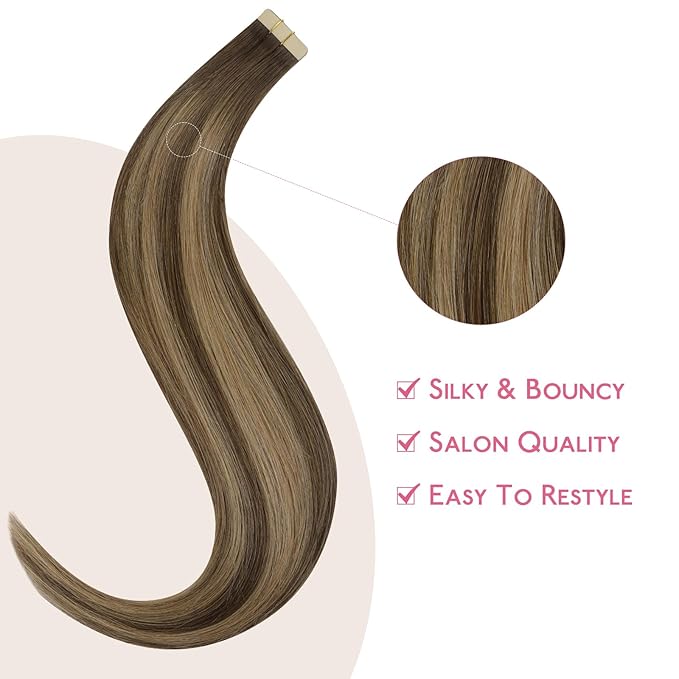 WENNALIFE Tape in Hair Extensions - Human Hair Balayage Chocolate Brown to Caramel Blonde, 10pcs 25g 14 inch Remy Invisible Tape Ins Straight Soft Real Human Hair