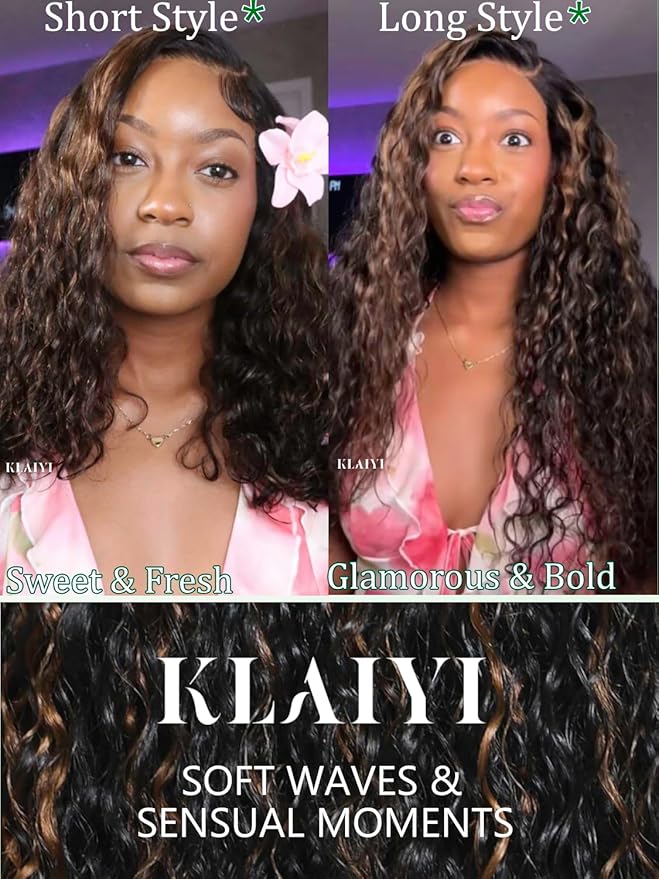 KLAIYI Golden Brown Water Wave Bye Bye Knots Glueless Wig Human Hair Highlight 7x5 Precut Lace Front Pre Plucked Bleached Ombre 3S Ready to Wear Go Beginners Wig with Dark Roots Deep Curly Wave 24Inch