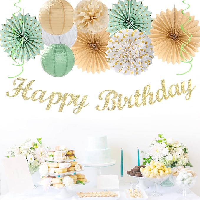 Champagne-Gold White Sage-Green Women Birthday Decorations Huglony | 21pcs Boho - Image 4