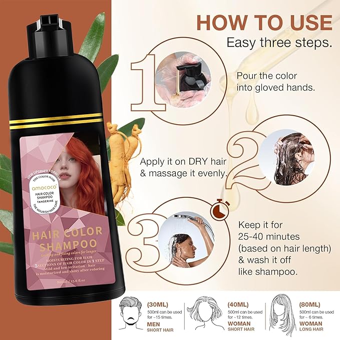 Hair Dye Shampoo, 3 in 1 Gray Hair Coverage, One-Step Wash-In Hair Dye, Shampoos for Color Treated Hair, Semi Permanent Hair Color Shampoo for Women & Men, 13.6 fl. oz, Orange-Red