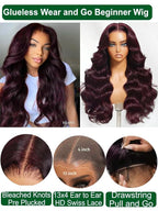 KLAIYI Black Cherry Loose Body Wave Pre Eeverything 13x4 Lace Frontal Wigs Human Hair Bye Bye Knots Glueless Ready to Wear and Go Wig with Face Framing Bangs Drawstring Pre Plucked Burgundy Wig 26Inch
