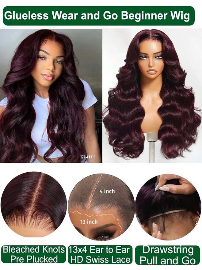 KLAIYI Black Cherry Loose Body Wave Pre Eeverything 13x4 Lace Frontal Wigs Human Hair Bye Bye Knots Glueless Ready to Wear and Go Wig with Face Framing Bangs Drawstring Pre Plucked Burgundy Wig 26Inch
