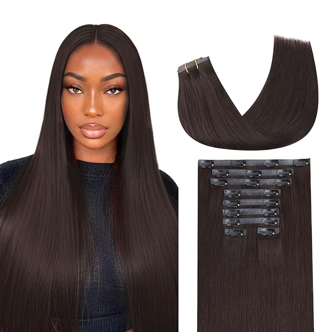 Lashey Seamless Clip in Hair Extensions Human Hair 130g 9pcs #2 Dark Brown Straight 16 Inch Hair Extensions Clip ins with Soft PU Hair Invisi Edge