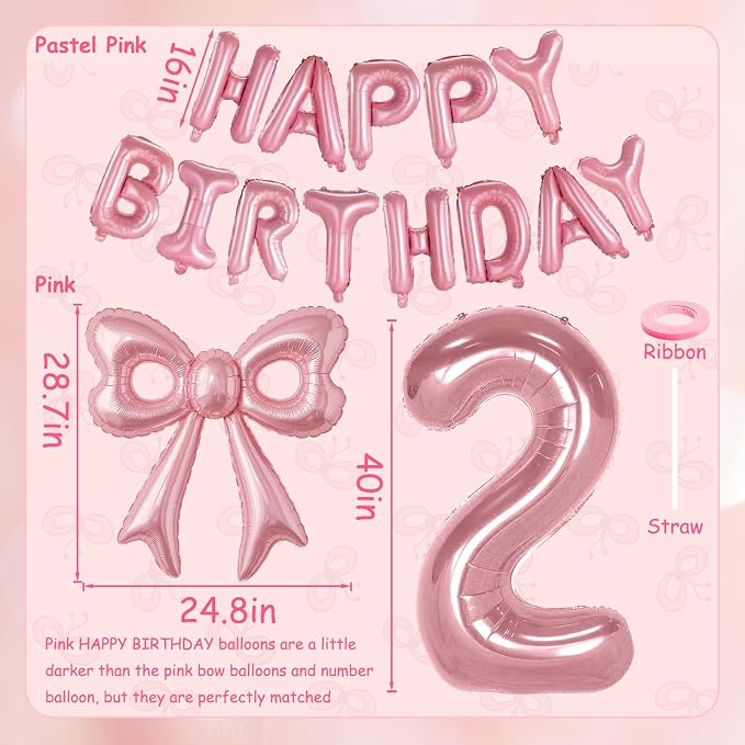 Bow Number 2 Birthday Balloons, 40” Pink Aluminum Foil Balloons Happy Birthday - Image 6