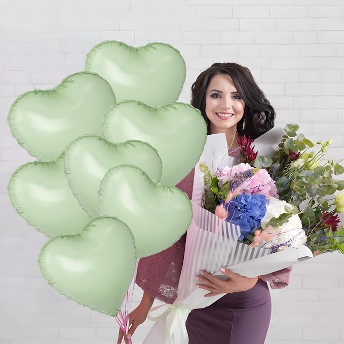 Green Heart Ballloons, 18 Inch Pastel Green Foil Love Heart Shaped Balloons - Image 2