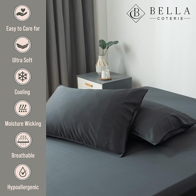 Bella Coterie | Luxury Bamboo Viscose Queen Size Pillowcase Set | 100% Organically Grown | Ultra Soft | Cooling | 2 Pcs [Charcoal Grey]