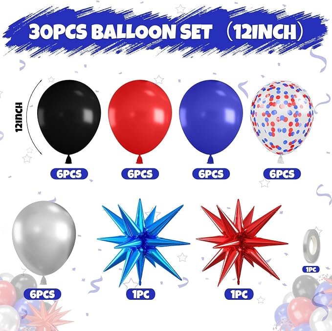 Red Blue Black Balloons, 12 Inch Royal Blue Red Black Metallic Silver Confetti - Image 2