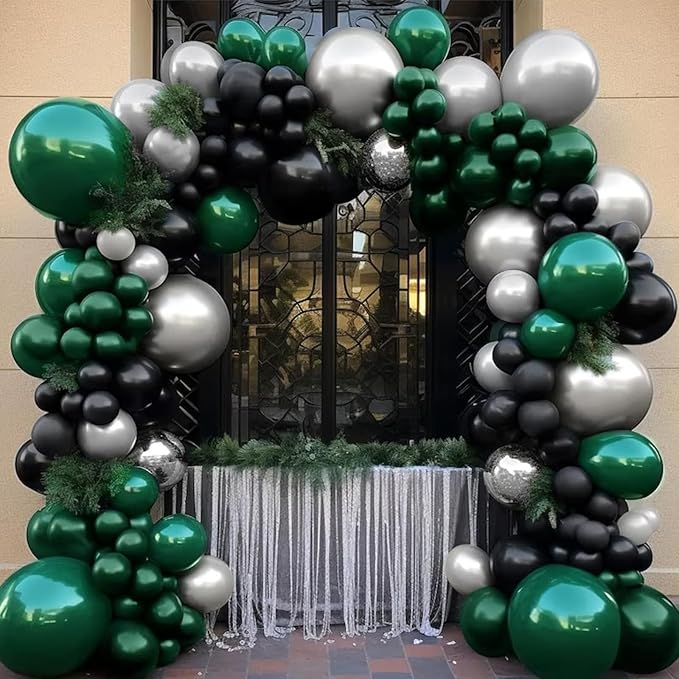 Dark Green Balloons Set, Confetti & Metallic Silver Latex - Image 5