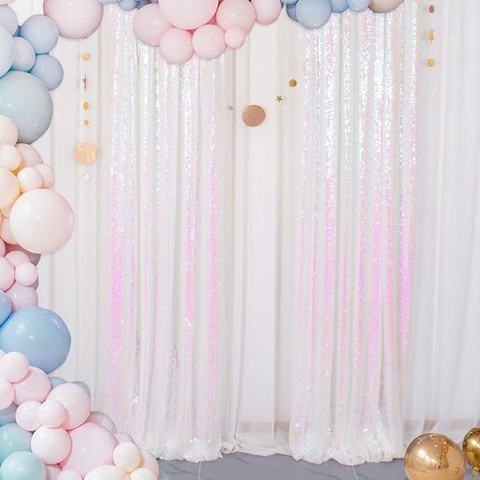 ShinyBeauty 2PCS 4x7FT Iridescent White Sequin Backdrops| Sparkle Photo - Image 2