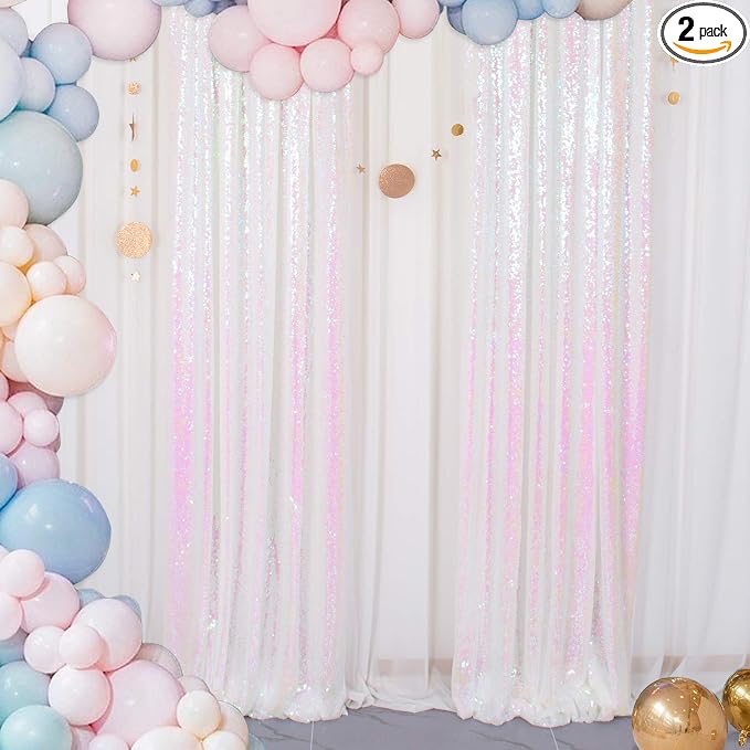 ShinyBeauty Sequin Backdrop 2FTx8FT Iridescent White 2 Pieces White Sequin Back by ShinyBeauty