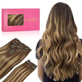 WENNALIFE Clip in Hair Extensions, 150g 14 Inch 9pcs Balayage Chocolate Brown to Honey Blonde Human Hair Extensions Thicker Clip in Hair Extensions Real Human Hair Clip Set Double Weft