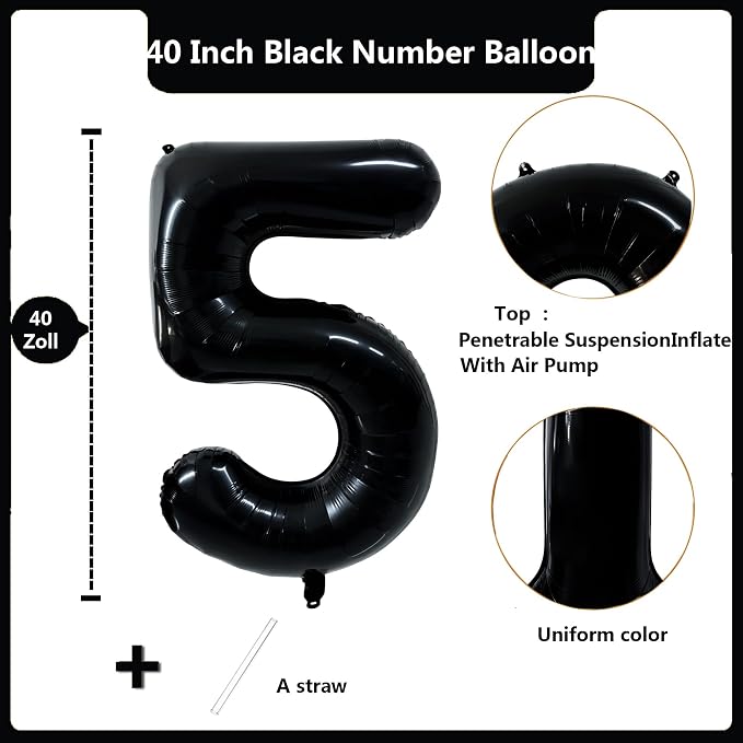40 inch Black 5 Number Balloon Giant Foil Helium Balloons Black Large Digital - Image 2