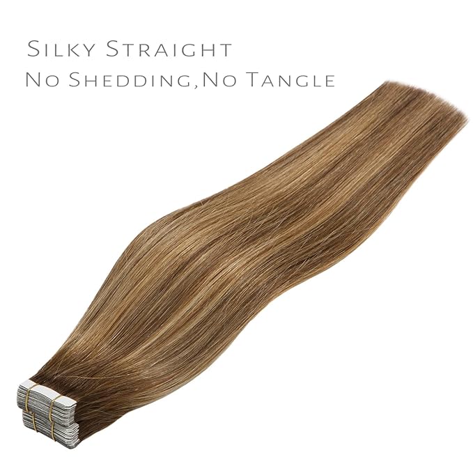 Lacer Tape in Hair Extensions Real Human Hair 20 Pieces 50 Grams Chocolate Brown to Strawberry Blonde Highlights with Chocolate Brown Roots R#4-4/27 22 Inches