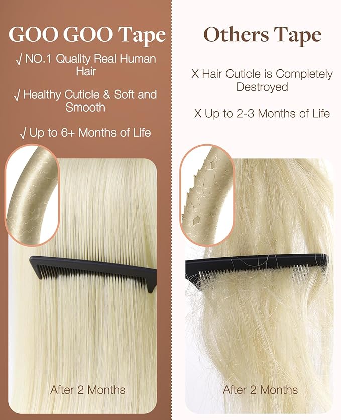 GOO GOO Invisi Edge Tape in Hair Extensions Human Hair, 18ET90A Natural Blonde Balayage 20pcs injected with 20pcs classical tape ins, 14inch 100g, Virgin Remy Hair, Natural Look