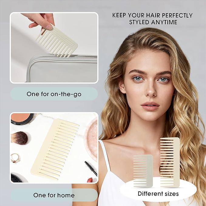 One large, one small, two-piece Wide Tooth Comb，No Handle Detangler Accessories，Large Hair Detangling Comb for Curly, Straight,Wet Dry Hair（Creamy Beige,Light Gray）