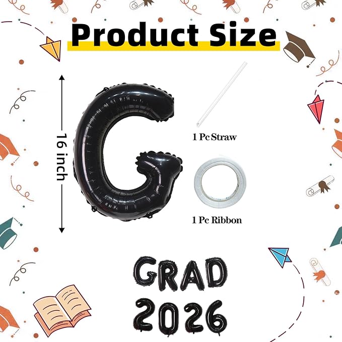 Black GRAD 2026 Banner Balloons, 16 Inch Mylar Foil letter Graduation Balloons - Image 2