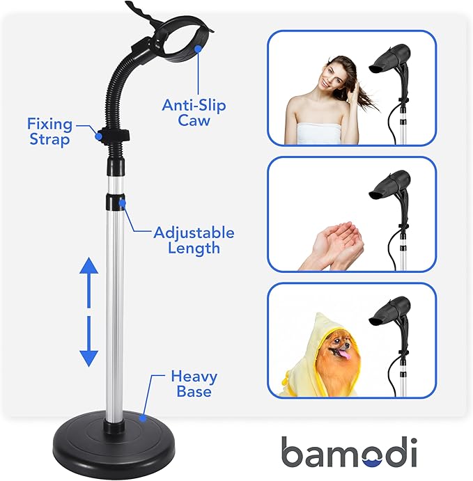 Bamodi Hair Dryer Holder Black - Hands-Free Hair Drying Metal Stand with 360° Rotation, Adjustable Height - Countertop or Wall Mount - Stylish and Convenient Storage Solution for Bathroom
