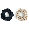 22 Momme 100% Mulberry Silk Scrunchies (2 Pack, Black, Champagne), Well-Hold Elastic for No-Damage, Soft Hair Ties, 6A Grade, OEKO-TEX Certified, Reduces Frizz & Breakage