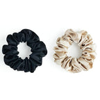 22 Momme 100% Mulberry Silk Scrunchies (2 Pack, Black, Champagne), Well-Hold Elastic for No-Damage, Soft Hair Ties, 6A Grade, OEKO-TEX Certified, Reduces Frizz & Breakage