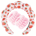 Zkptops Spa Headband for Washing Face Wristband Set Sponge Makeup Skincare Velvet Fabric Bubble Soft Get Ready Hairbands for Women Puffy Pink Headwear Non Slip Thick Thin Hair Accessory (Strawberries)