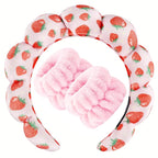 Zkptops Spa Headband for Washing Face Wristband Set Sponge Makeup Skincare Velvet Fabric Bubble Soft Get Ready Hairbands for Women Puffy Pink Headwear Non Slip Thick Thin Hair Accessory (Strawberries)