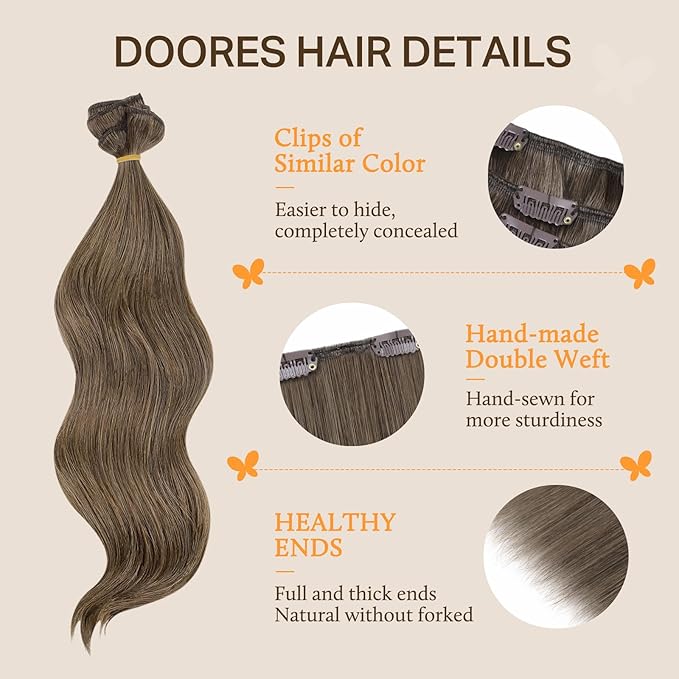 DOORES Clip in Human Hair Extensions, Dirty Light Ash Brown 120g 7pcs 16 Inch, Remy Hair Extensions Clip in Straight Natural Remy Weft for Women