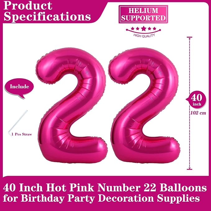 Hot Pink 22 Number Balloons, 40 Inch Giant Number 22 Balloons Foil Mylar Helium - Image 2