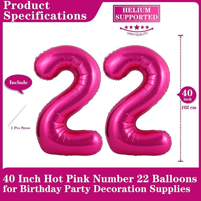 Hot Pink 22 Number Balloons, 40 Inch Giant Number 22 Balloons Foil Mylar Helium - Image 2