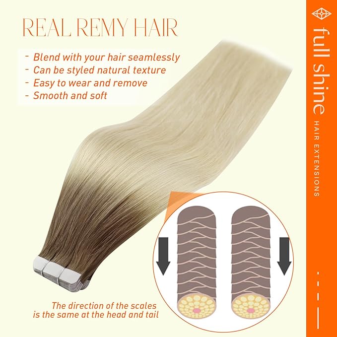 Full Shine Tape in Human Hair Extensions Color Balayage 8 Ash Brown Fading To 60 Blonde Seamless Tape in Hair Extensions 22 Inch Natural Straight Hair Extension 20 Pcs 50 Gram Add Length