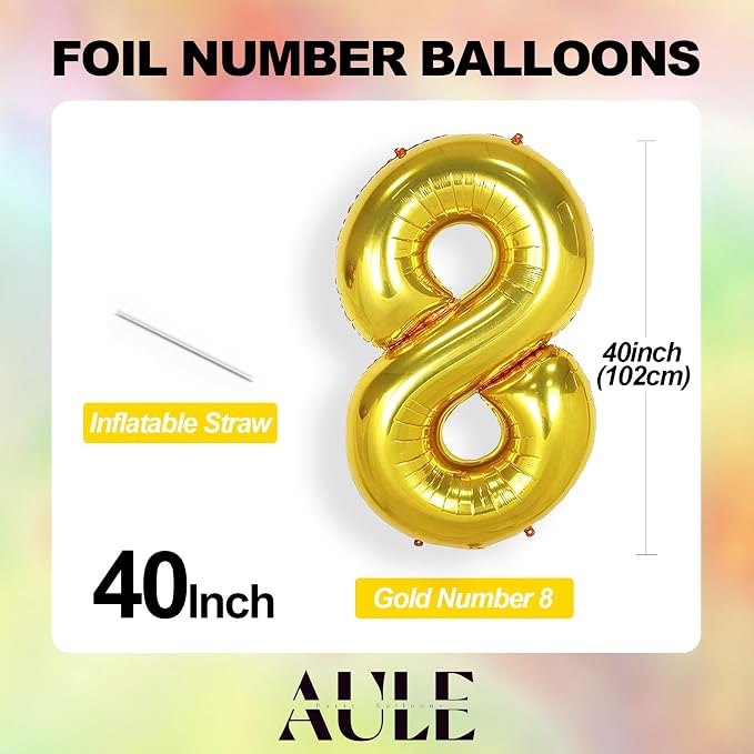 AULE 40 Inch Gold 8 Balloon Number Foil 0-9 Birthday Big Numbers | Birthday - Image 4