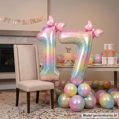 40" Giant Pastel Rainbow Number 17 Balloon Foil Pink Bow Decor Kit | - Image 4