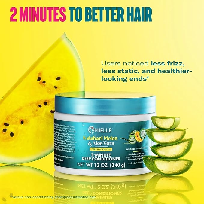 Mielle 2-Minute Deep Conditioner - Kalahari Melon & Aloe Vera Moisturizing Hair Conditioner for Dry, Curly and Textured Hair - Softening, Detangling & Fast-Acting Deep Conditioning Treatment (12 oz)