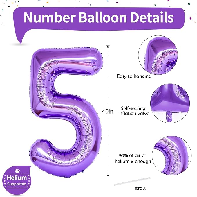40 Inch Purple Number Balloons, Giant Self Inflating Foil Girls 5th Birthday - Image 2