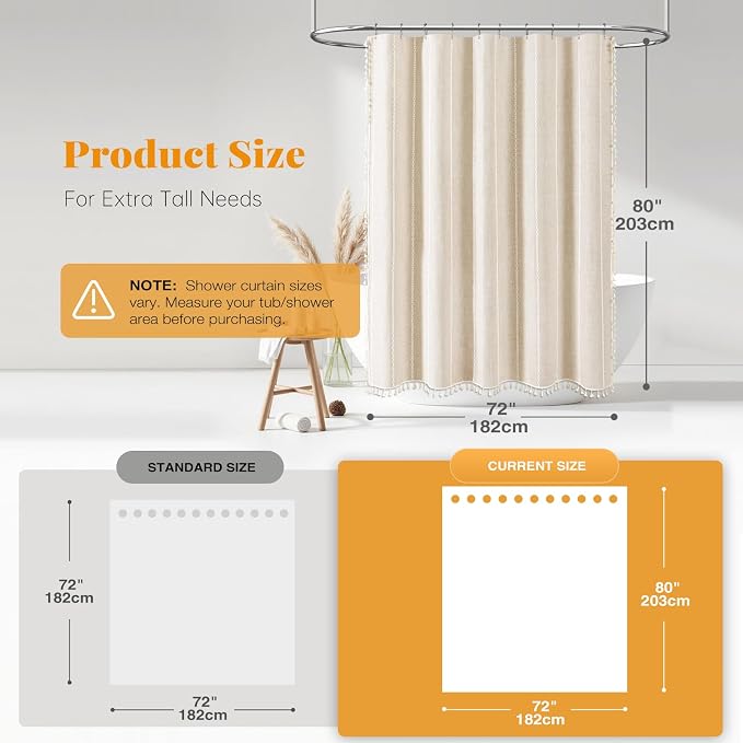72 x 80 Boho Linen Heavy Duty Cloth Shower Curtain Set, Cream/Beige | Long Size - Image 3