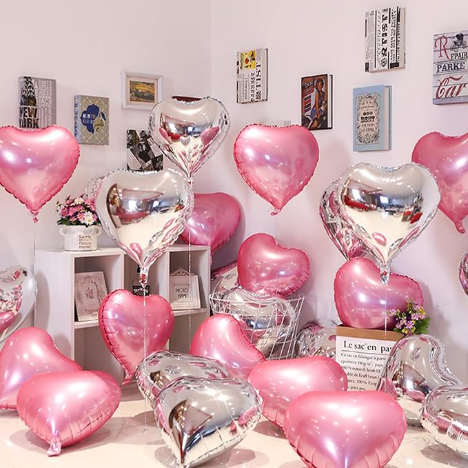 White-Pink Heart Balloons, 18inch Bright Pink Heart Shaped Foil Balloons & - Image 7