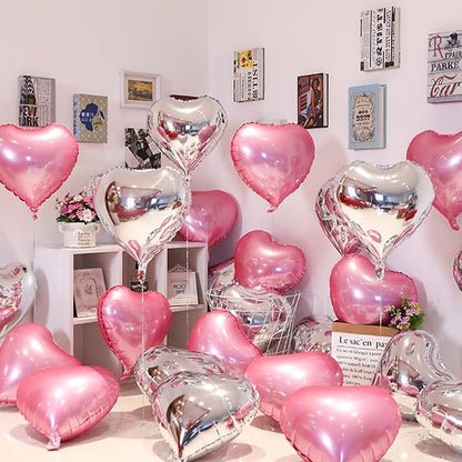 White-Pink Heart Balloons, 18inch Bright Pink Heart Shaped Foil Balloons & - Image 7