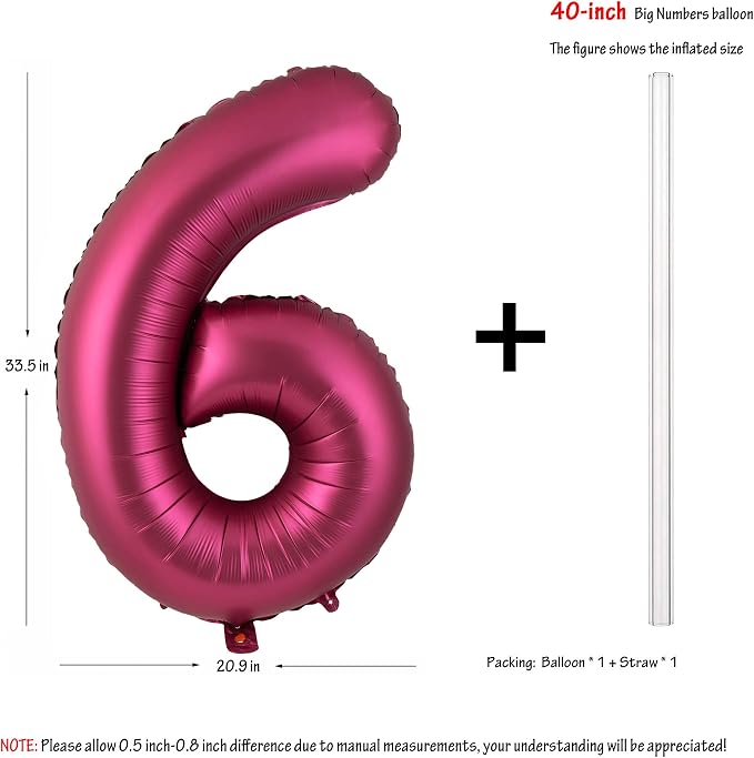 Number 6 Balloons 40 Inch Wine Red Burgundy Foil Number Balloon 6 | Wine Red - Image 2