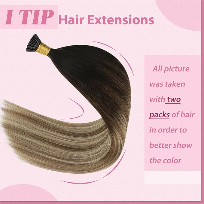 YoungSee Hair Extensions Itip Brown Balayage Human Hair Extensions I Tip 20In Brown Ombre Medium Brown with Blonde Itips Hair Extension Real Human Hair I Tip Remy Hair Extension 50s 50g