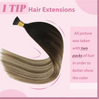 YoungSee Itip Hair Extensions Brown Balayage 14 Inch I Tip Hair Extensions Human Hair Dark Brown Ombre Medium Brown with Blonde Itip Hair Extension Real Human Hair Short Straight Hair 80s 50g