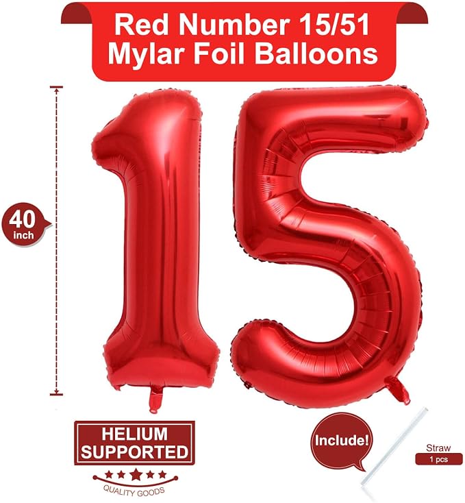 40 Inch Red 15 Number Balloons Giant 15 or 51 Balloons Red Birthday 15 Balloons - Image 2
