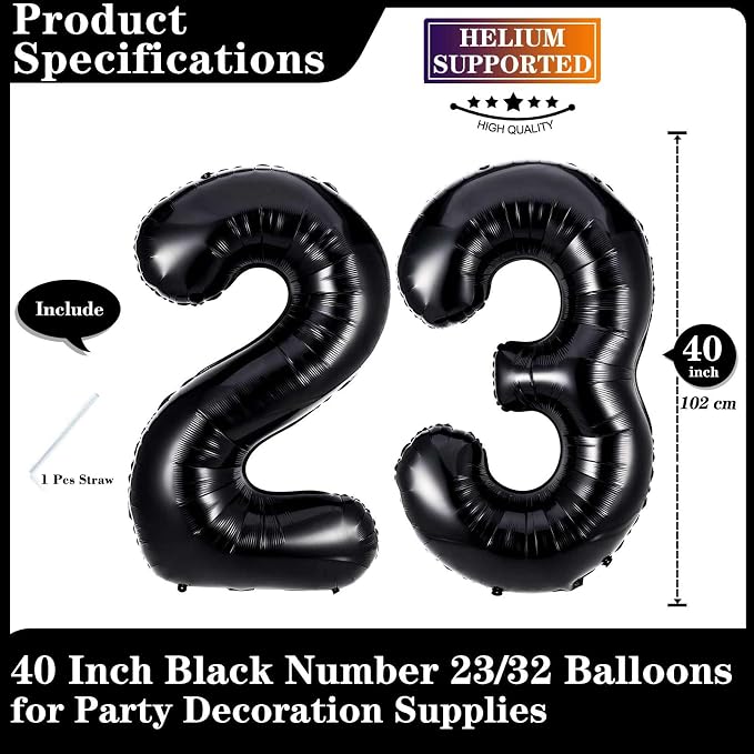 Black 23 Number Balloons, 40 Inch Giant Number 23 Balloons Foil Mylar Helium - Image 2